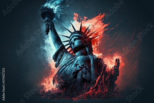 Statue of Liberty engulfed in red and blue flames. Medium shot.