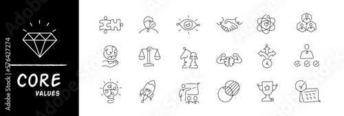 Modern company core values or business Ethics vector monoline icon set with editable stroke.