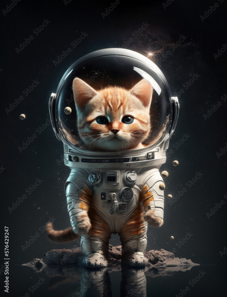 kittens in outer space that are wearing a space suit, an astronaut cat