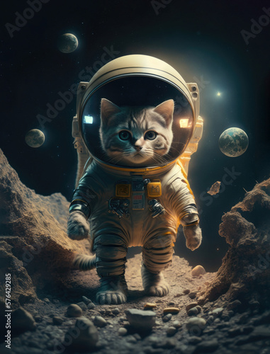 a cat in a space suit standing on a rocky surface. Generative AI.