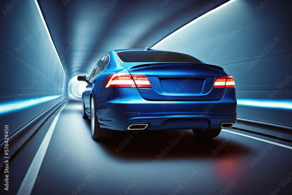 New modern blue sedan car speeding in a tunnel, rear side view, copy space, generative AI