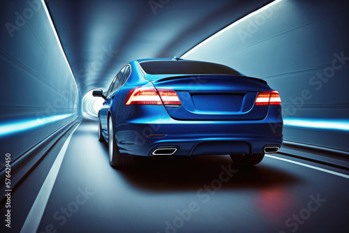New modern blue sedan car speeding in a tunnel, rear side view, copy space, generative AI © J S