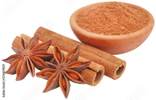 Leinwand Poster Some aromatic cinnamon with star anise and ground spice in a bowl