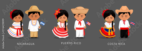 Nicaragua, Puerto Rico, Costa Rica ethnic costume. Woman wearing traditional dress, man with national flag. Latin American couple. Vector flat illustration. photo