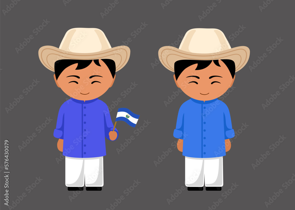Salvadoran male cartoon character in traditional ethnic costume with national flag. Man in Salvador clothes. Latin americans. Isolated flat vector illustration.