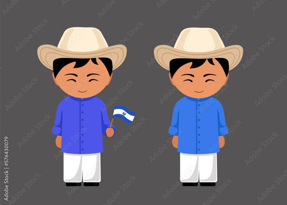 Salvadoran male cartoon character in traditional ethnic costume with national flag. Man in Salvador clothes. Latin americans. Isolated flat vector illustration. Salvadoran male cartoon character in traditional ethnic costume with national flag. Man in Salvador clothes. Latin americans. Isolated flat vector illustration.