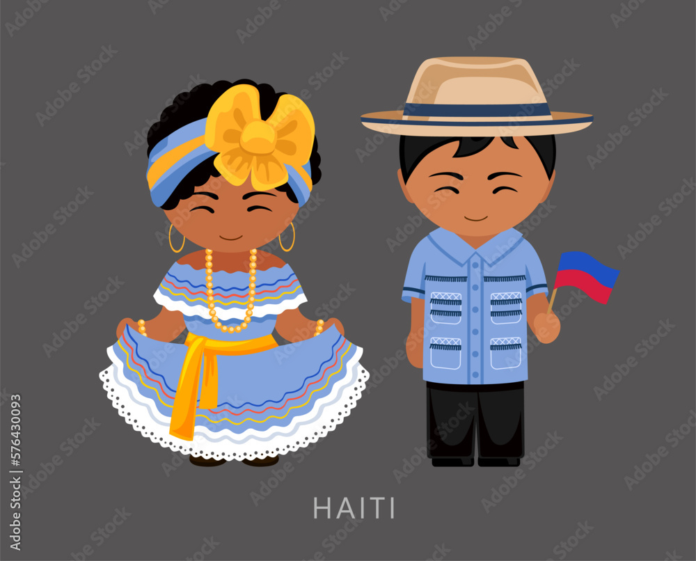 Woman and man in Haiti national costume. Haitians couple, cartoon ...