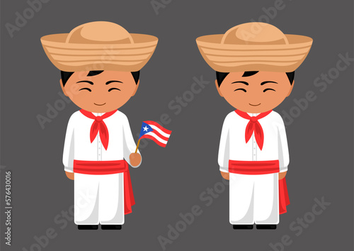 Puerto Rican male cartoon character in traditional ethnic costume holding national flag. Man in Puerto Rico clothes. Latin americans. Isolated flat vector illustration.