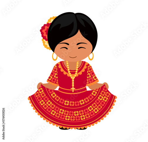 Woman in Paraguay national costume. Paraguayan girl in traditional ethnic dress. Latin American female character. Flat vector illustration.