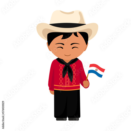 Paraguayan male cartoon character in traditional ethnic costume with national flag. Man in Paraguay clothes. Latin americans. Isolated flat vector illustration.