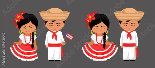 Puerto Ricans in national costume. Couple in Puerto Rico traditional clothes. Man and woman cartoon character. Isolated flat vector illustration.