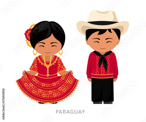 Woman and man in Paraguay national costume. Paraguayans couple, cartoon characters in traditional ethnic clothes. Flat vector illustration.