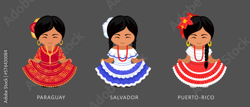 Latin American women in national ethnic dress. Cartoon characters. Paraguayan, Salvadoran and Puerto Rican girls wearing traditional folk costume. Vector flat illustration. photo