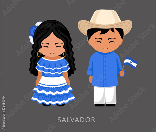 Woman and man in Salvador national costume. Salvadorans couple, cartoon characters in traditional ethnic clothes. Flat vector illustration.