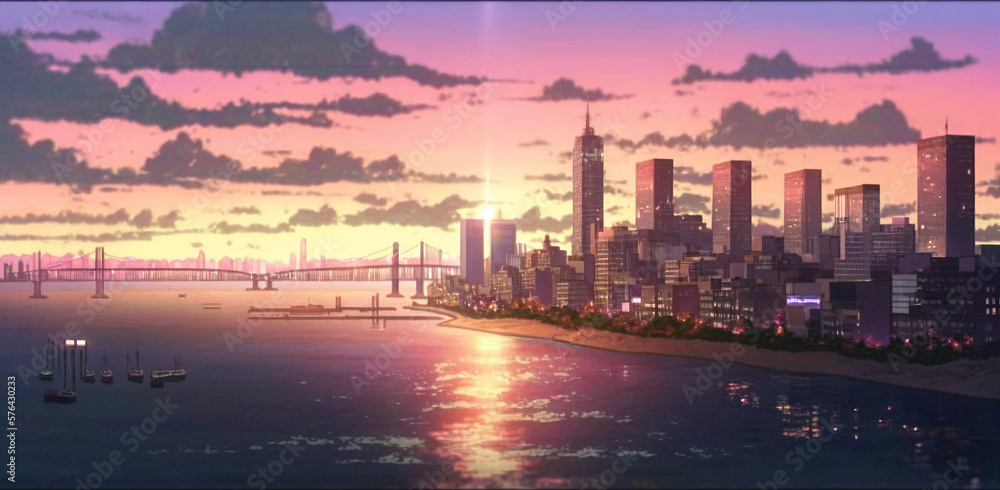 Sunset, sky and city landscape, panorama, Generative AI