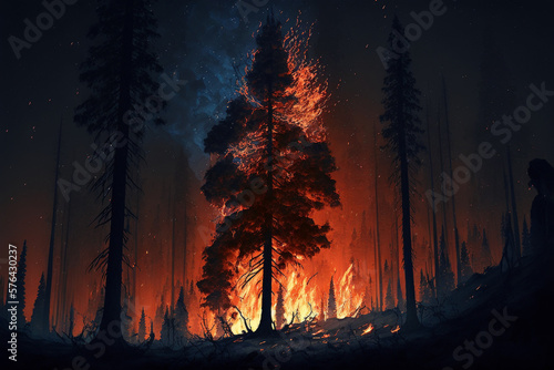 Forest Fire at Night, Generative AI.