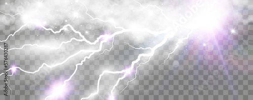 Vector image of realistic lightning. Flash of thunder on a transparent background.
