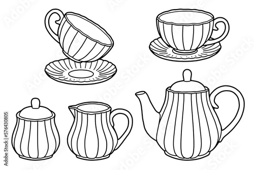 Hand drawing tea set. Teapot, milk jug, sugar bowl and cups and saucers. Black outline. Coloring page.