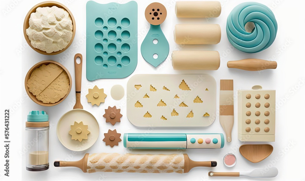  a variety of kitchen utensils and baking supplies on a white surface.  generative ai