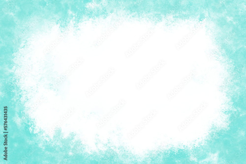 Watercolor on transparent background. Illustration of frame in turquoise pastel colors of watercolor paint. Abstract blue background with copy space. PNG element for your creativity.