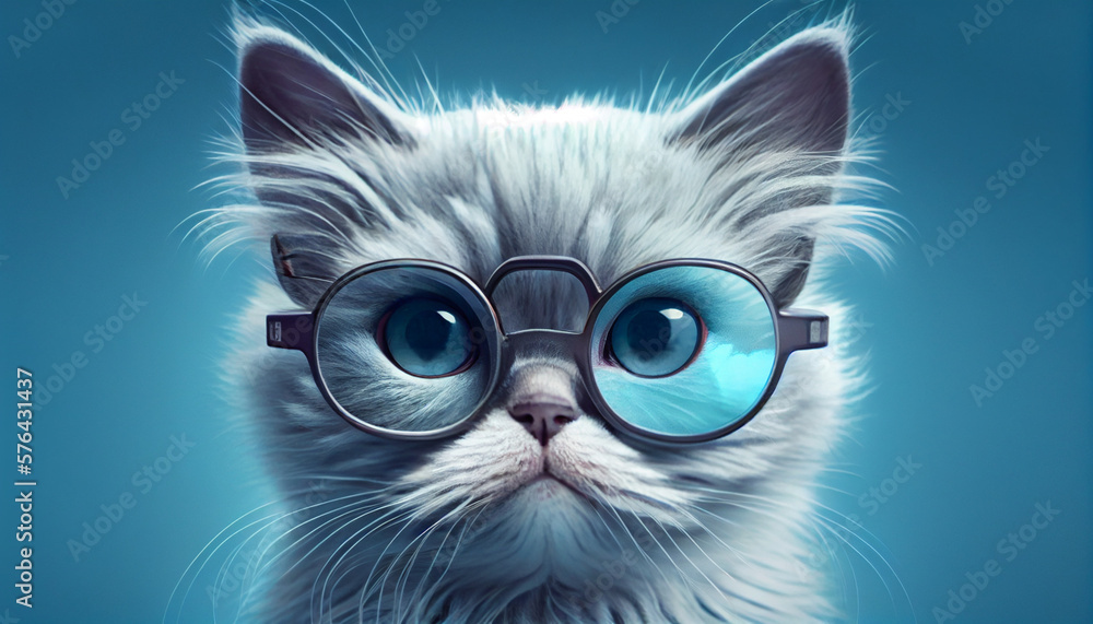 Funny Cat Wearing Sunglasses - Closeup Portrait on Dark Blue or Pink Background. Adorable Little Pet, Cute Child Animal. Generative AI. Funny Cat Wearing Sunglasses - Closeup Portrait on Dark Blue or Pink Background. Adorable Little Pet, Cute Child Animal. Generative AI.