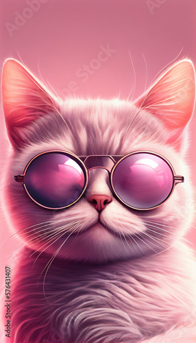 Funny Cat Wearing Sunglasses - Closeup Portrait on Dark Blue or Pink Background. Adorable Little Pet, Cute Child Animal. Generative AI.