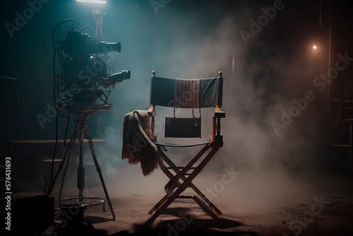 Film Studio, Indoor film set lighted director's chair in the long centre, vintage cinematic equipment on the sides on dark background, Generative AI photo