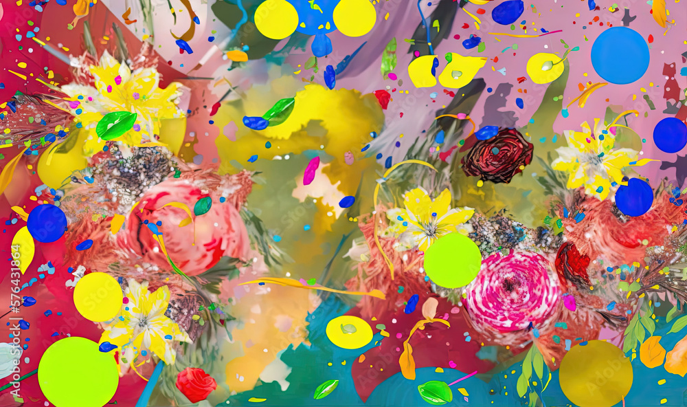  a painting of a bunch of flowers and confetti.  generative ai