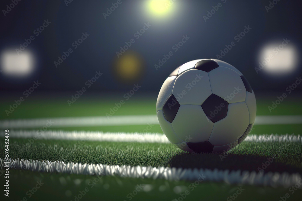 Naklejka premium Soccer ball on the lawn of a soccer field. Created with Generative AI technology.
