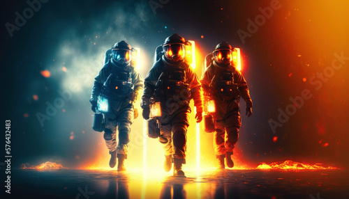 Brave firefighters in high-tech outfit in front of the fire. Created with Generative AI technology. © Yuliia
