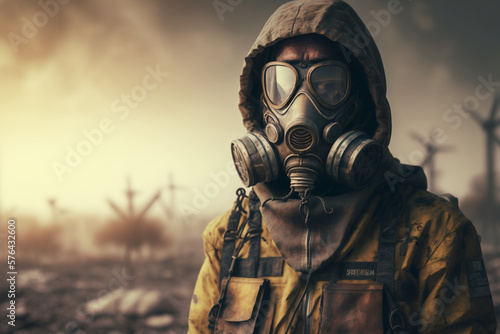 Man wearing Gas Mask Post-Apocalyptic concept Illustration, Nuclear war Radioactive Zone, Generative AI