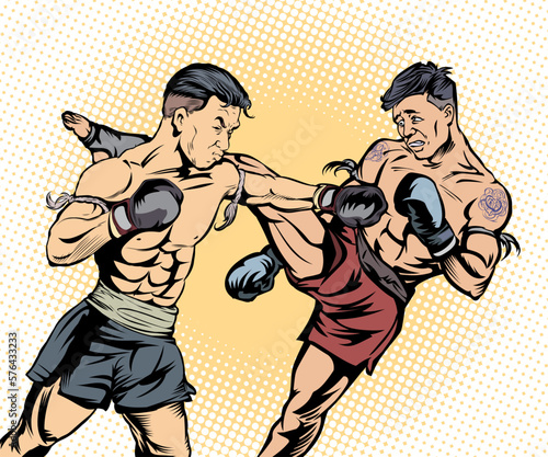 Muay Thai, Thai boxing, kickboxing, martial arts. Vector illustration. Pop art retro comic.	