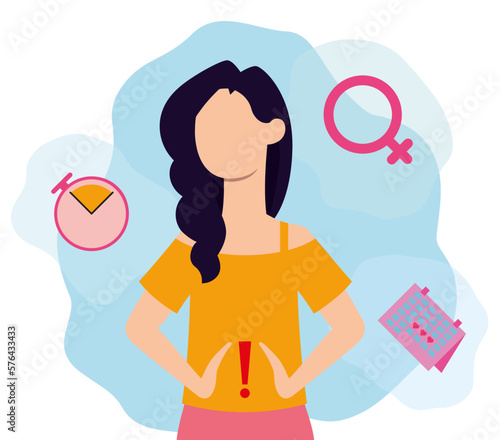 Girl with abdominal pain, women's health, you need to monitor your health, menstrual cykk, vector illustration