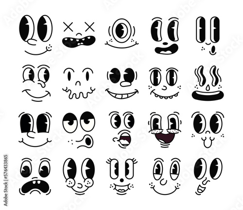 Retro 30s cartoon mascot characters funny faces. 50s, 60s old animation eyes and mouths elements. Vintage comic smile for logo vector set. Smiley caricatures with happy and cheerful emotions