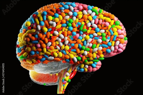 Concept of sugar rush: human brain made of sweets photo