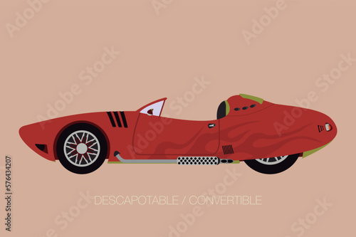 Flat car model. Luxury cabriolet. Classic convertible automobile. Side view supercar