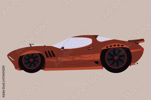 flat muscle supercar model, custom muscle car automobile, side view supercar, sport car