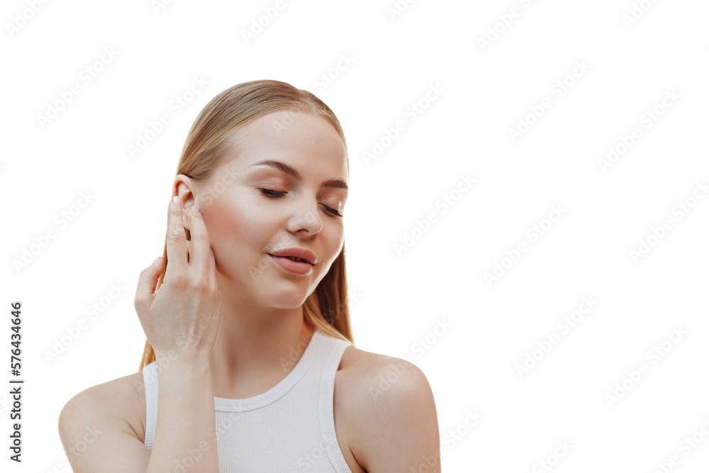 Skincare and spa. Smiling woman touches her clear, perfect facial skin after moisturizer, cosmetic cream, standing over white background Skincare and spa. Smiling woman touches her clear, perfect facial skin after moisturizer, cosmetic cream, standing over white background