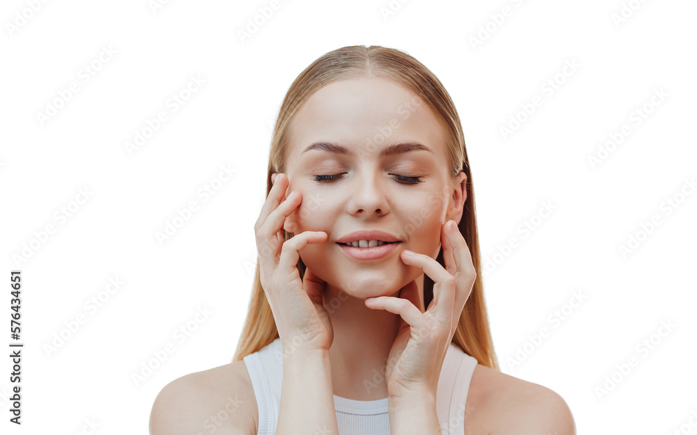 Skincare and spa. Smiling woman touches her clear, perfect facial skin after moisturizer, cosmetic cream, standing over white background Skincare and spa. Smiling woman touches her clear, perfect facial skin after moisturizer, cosmetic cream, standing over white background