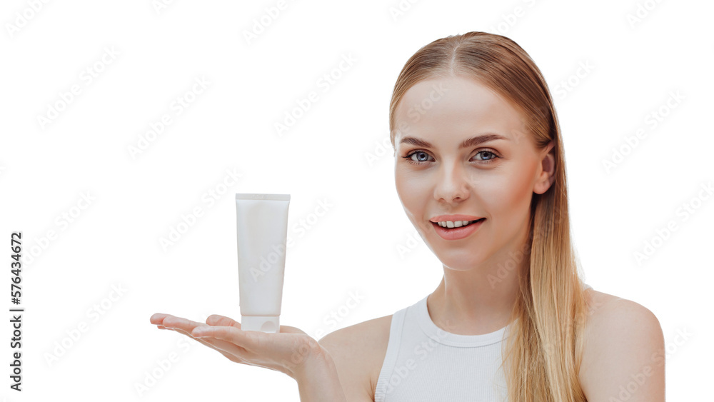 Beauty blonde holds a jar of shampoo or conditioner in her hands. Long blonde hair. Beauty blonde holds a jar of shampoo or conditioner in her hands. Long blonde hair.
