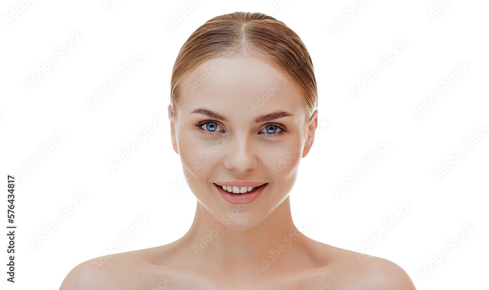 Beautiful and smiling woman with clean skin, white background with place for inscription. Freshness, health and beauty. Beautiful and smiling woman with clean skin, white background with place for inscription. Freshness, health and beauty.