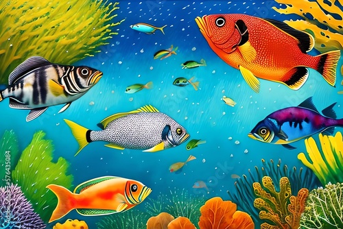 Watercolor Illustration of Colorful tropical fish swimming in ocean. Generative AI