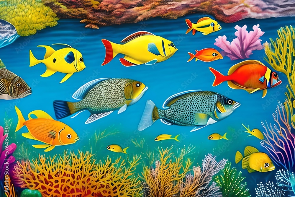Fototapeta premium Watercolor Illustration of Colorful tropical fish swimming in ocean. Generative AI
