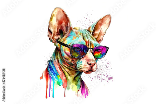 cat canadian sphynx wearing dark glasses painted with colored watercolors isolated on a white background. AI generated