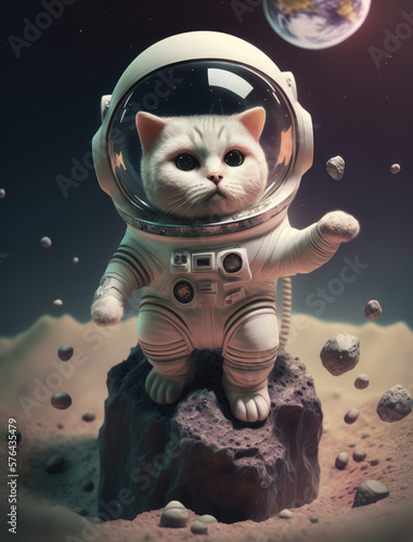 a cat in a space suit standing on a rocky surface. Generative AI.
