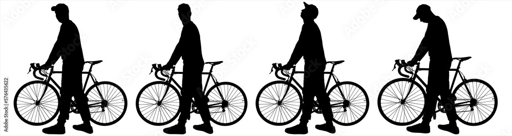 The guy stands motionless and holds the handlebars of a bicycle in his hands. The man with the bike looks around and turns his head. Side view. Four black male silhouettes isolated on white background The guy stands motionless and holds the handlebars of a bicycle in his hands. The man with the bike looks around and turns his head. Side view. Four black male silhouettes isolated on white background