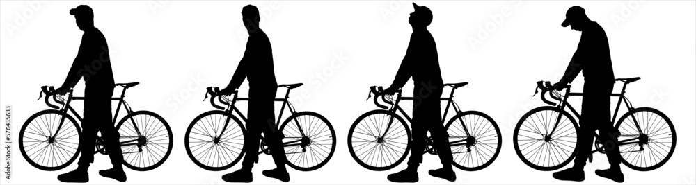 Obraz premium The guy stands motionless and holds the handlebars of a bicycle in his hands. The man with the bike looks around and turns his head. Side view. Four black male silhouettes isolated on white background