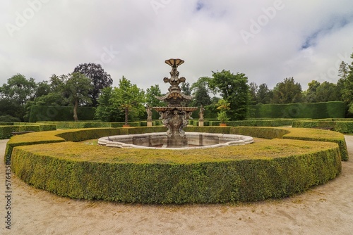 A view to the fountain and flowers in castle garden at Lednice, Czech republic