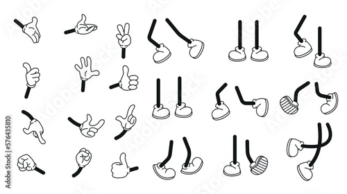 Cartoon vector walking feet in trainers or sneakers on stick legs in various positions