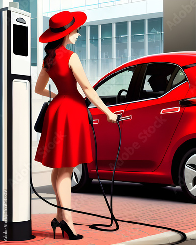 une femme élégante avec une robe rouge et un chapeau branchant sa voiture électrique dans une station de recharge - IA Generative photo